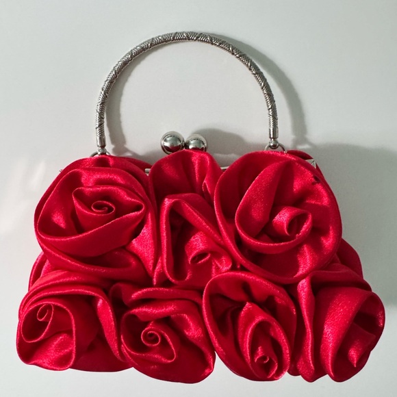 Gorgeous Satin Red Rose Evening Bag with Silver Hardware - Picture 7 of 11
